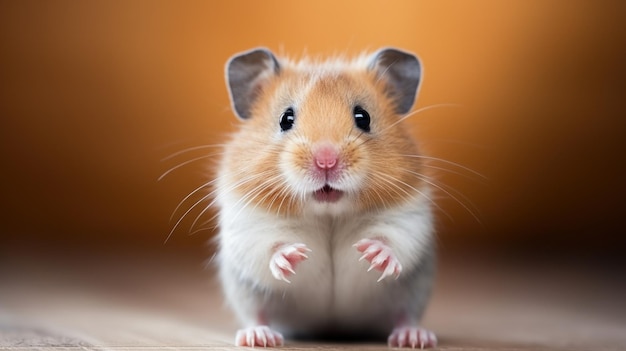 Um hamster está de pé em suas patas traseiras ai