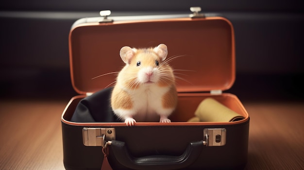 Um hamster está sentado em uma maleta com a palavra hamster.