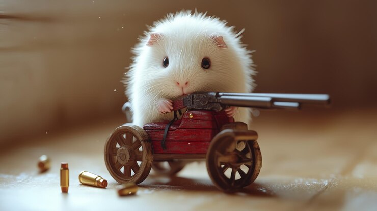 Foto um hamster fofinho posa com confiança com uma pequena arma de brinquedo em um carrinho de madeira em miniatura cercado de balas em um ambiente interior aconchegante