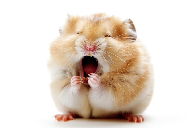 Foto um hamster parecendo rir com a boca aberta isolado em um fundo branco