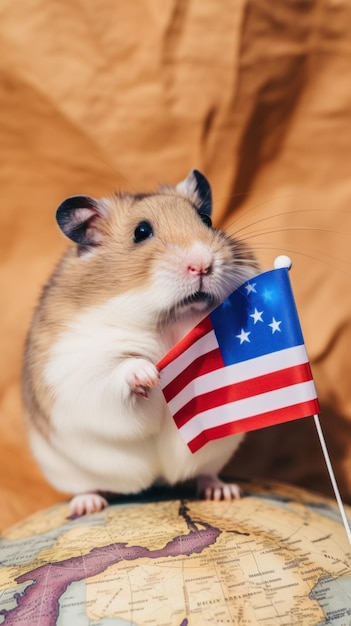 Um hamster segurando uma bandeira americana em cima de uma imagem ai generativa do globo