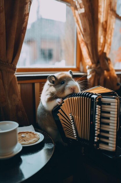 Um hamster tocando acordeão em uma mesa gera imagem de IA