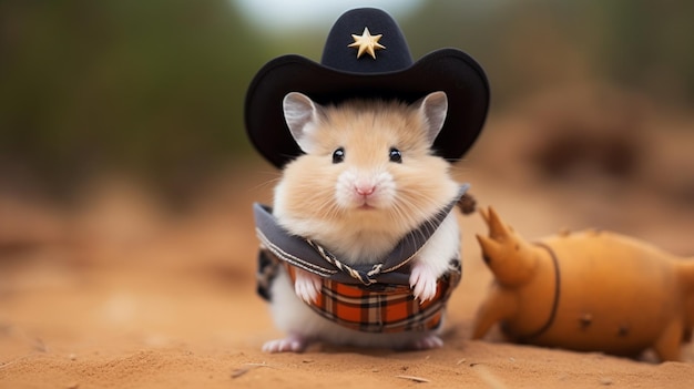 Foto um hamster usando um chapéu de cowboy em miniatura e papel de parede