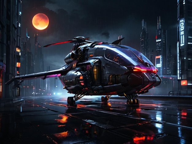 Um helicóptero com uma luz vermelha está em um navio no meio da noite