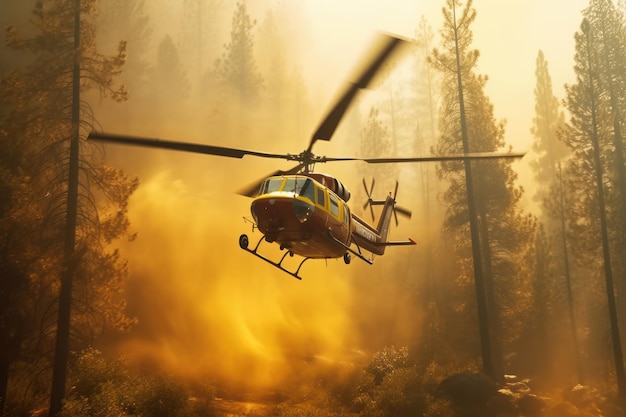 Um helicóptero de resgate extingue um incêndio florestal jogando uma grande quantidade de água em um cone em chamas