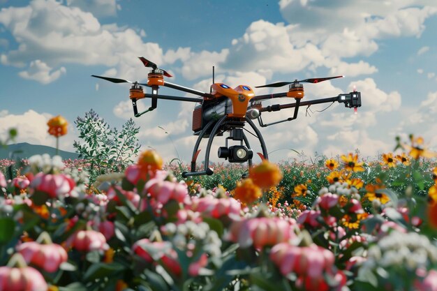 um helicóptero está voando em um campo de flores e a câmera está no ar