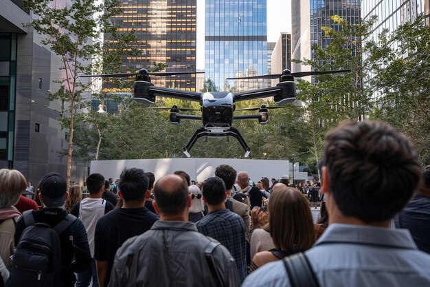 Foto um helicóptero está voando no ar com pessoas ao fundo