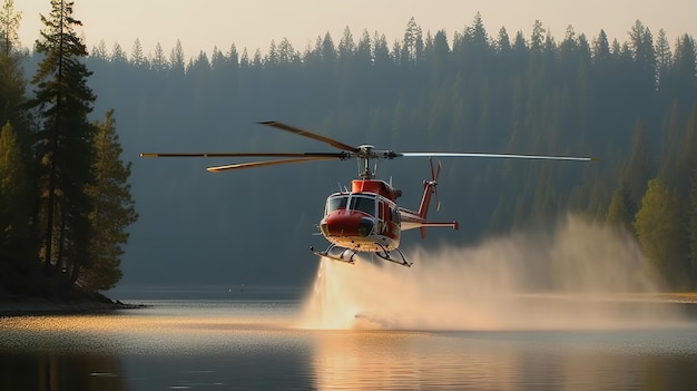 Um helicóptero sobrevoa um lago com uma floresta ao fundo.