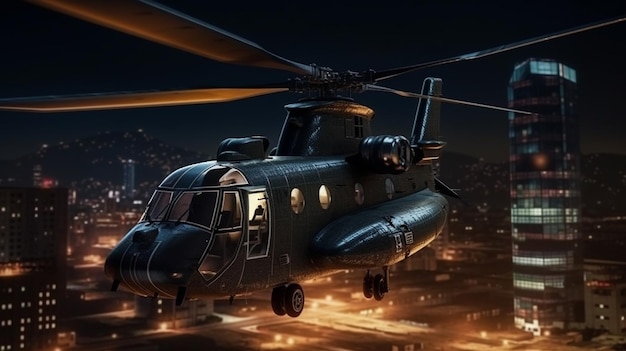 Um helicóptero sobrevoa uma cidade à noite generative ai