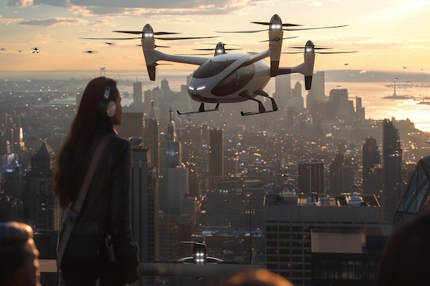 um helicóptero voando sobre uma cidade com uma mulher olhando para ele