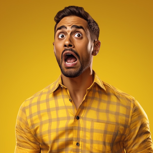 Um hiperrealista mais feliz indiano homem bonito em camisa chex mãos para cima isolado em fundo amarelo