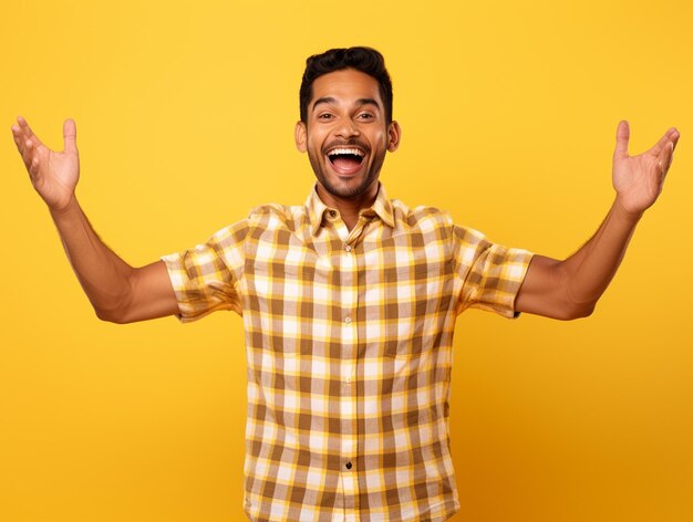 Um hiperrealista mais feliz indiano homem bonito em camisa chex mãos para cima isolado em fundo amarelo