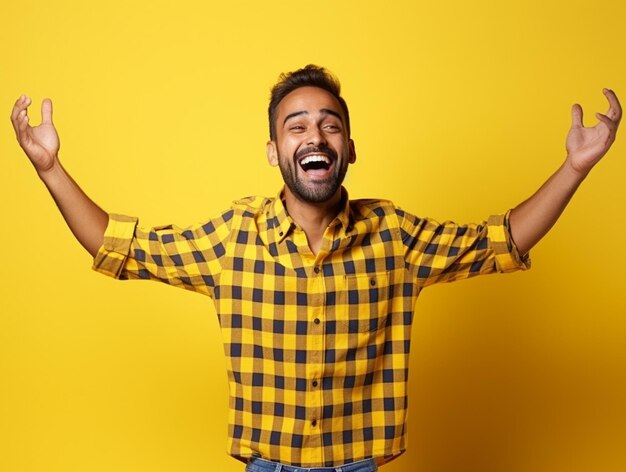 Foto um hiperrealista mais feliz indiano homem bonito em camisa chex mãos para cima isolado em fundo amarelo