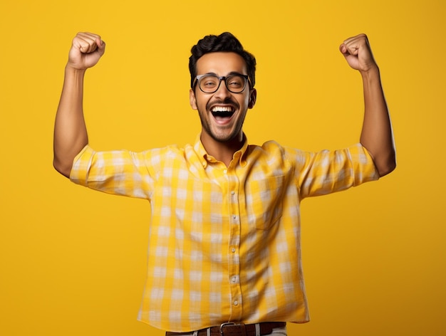 Foto um hiperrealista mais feliz indiano homem bonito em camisa chex mãos para cima isolado em fundo amarelo