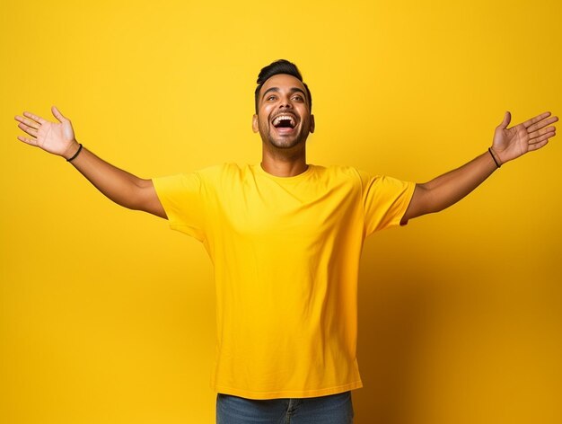 Um hiperrealista mais feliz indiano homem bonito em camisa chex mãos para cima isolado em fundo amarelo