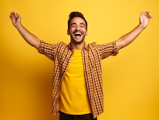 Foto um hiperrealista mais feliz indiano homem bonito em camisa chex mãos para cima isolado em fundo amarelo