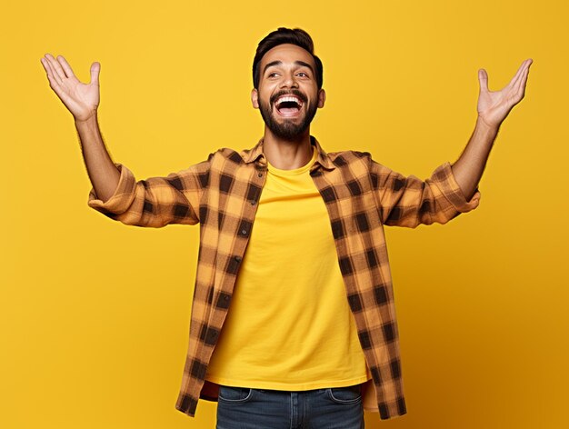 Um hiperrealista mais feliz indiano homem bonito em camisa chex mãos para cima isolado em fundo amarelo