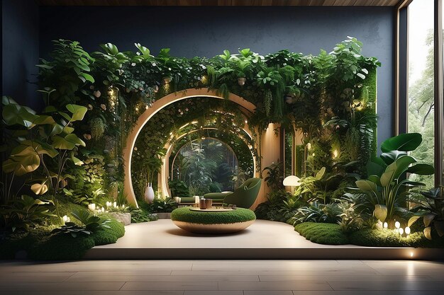 Um hipnotizante captura uma casa biofílica aninhada em uma floresta escura Parede Vertical Verde em um interior de sala de estar