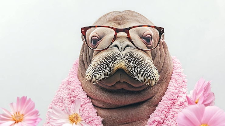 Foto um hipopótamo com óculos e um bigode está usando uma toalha ao redor de seu pescoço