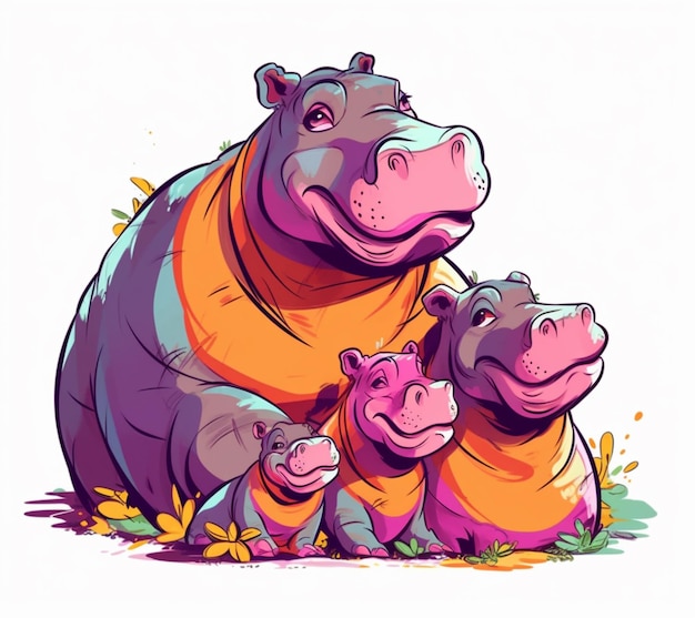 Um hipopótamo de desenho animado com dois bebês hipopótamos sentados no chão generativo ai