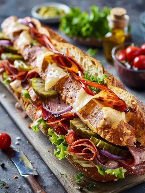 Um hoagie clássico de estilo italiano transbordando com uma variedade de carnes saladas curadas queijo derretido e legumes frescos criando uma refeição de mão deliciosa e substancial