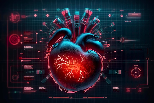 Um holograma GUI de uma interface de ficção científica holográfica de coração humano futurista linhas de dados escalas e gráficos cinemáticos AI Generative