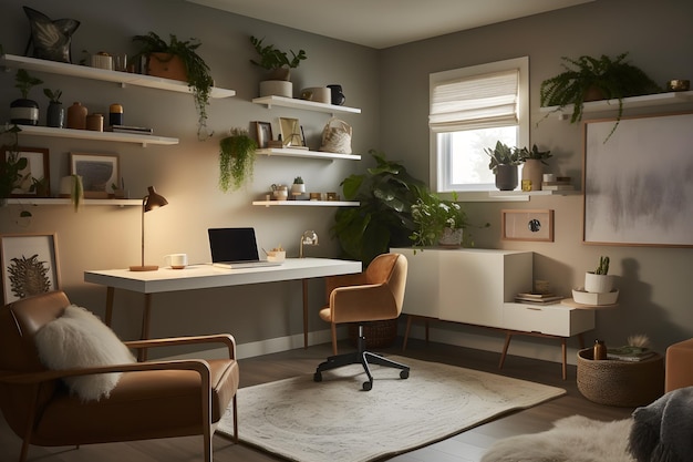 Um home office com uma escrivaninha e uma cadeira no canto.