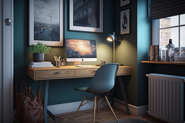 Um home office com uma escrivaninha e uma janela com uma luminária e uma luminária.