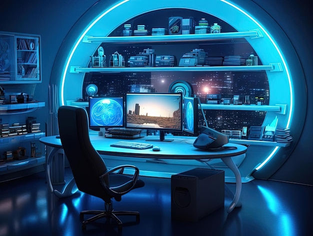 Um home office futurista com computador e tela