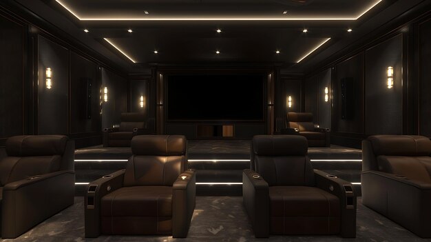 Foto um home theater com assentos reclináveis de couro castanho e uma grande tela a sala é escura com iluminação indireta