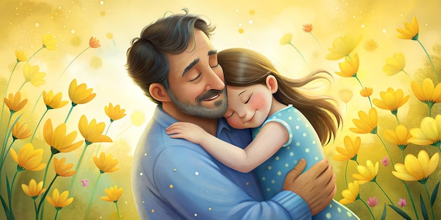 Foto um homem a abraçar uma rapariga num campo de flores.