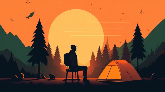 Um homem a acampar.
