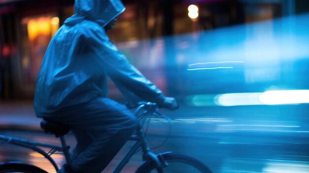 Um homem a andar de bicicleta rápido na chuva