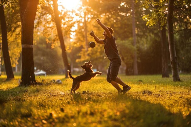 Foto um homem a brincar com um cão num parque.