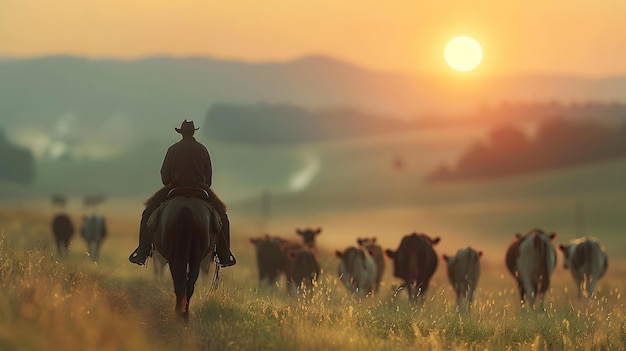 Um homem a cavalo anda num campo com vacas sob o céu matinal