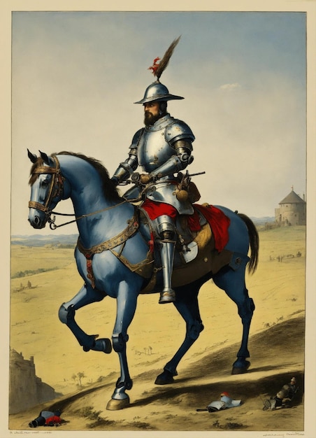 Foto um homem a cavalo com uma espada e um escudo na cabeça