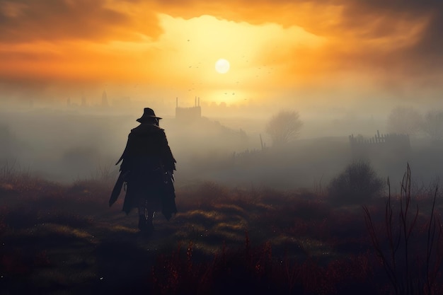 Um homem a cavalo em um campo com um pôr do sol ao fundo