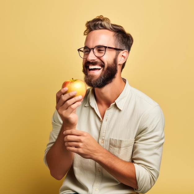 Foto um homem a comer uma maçã.