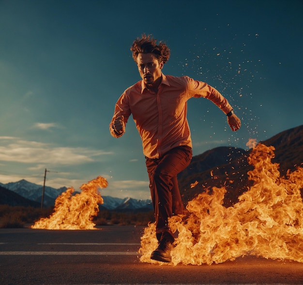 Um homem a correr com chamas ao fundo e um homem a correr à frente dele.