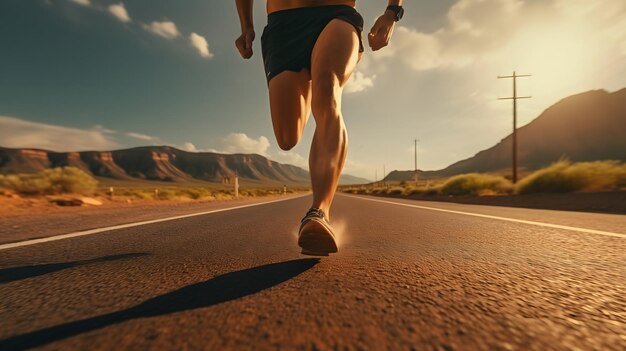 Um homem a correr na estrada com vista para a montanha. Hora do nascer do sol. Foco seletivo nas pernas.