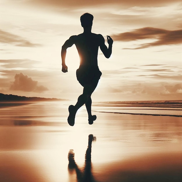 Um homem a correr na praia com o sol atrás dele.