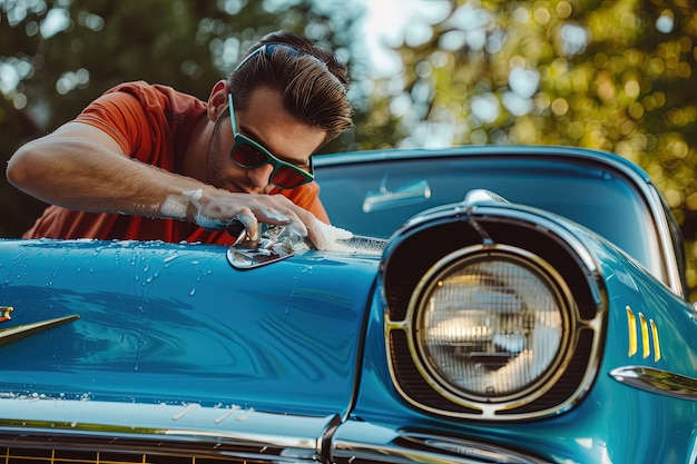 Foto um homem a depilar a frente de um carro clássico