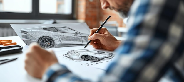 Foto um homem a desenhar um carro no papel.