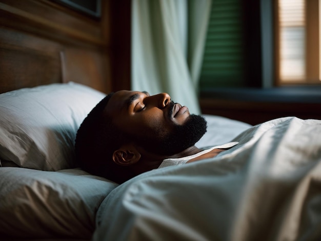 Um homem a dormir em paz na sua cama.