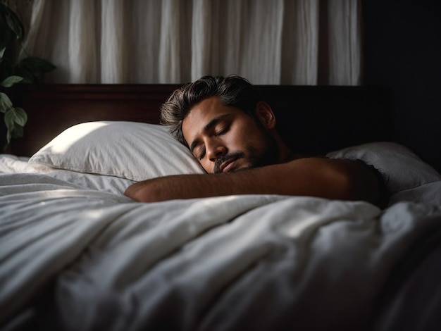 Um homem a dormir em paz na sua cama.