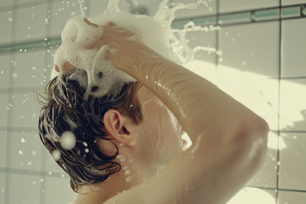 Um homem a lavar o cabelo.