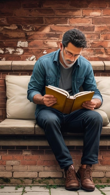 Um homem a ler um livro num banco com uma barba.