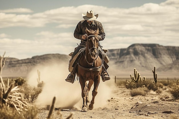 Um homem a montar um cavalo com um chapéu de cowboy