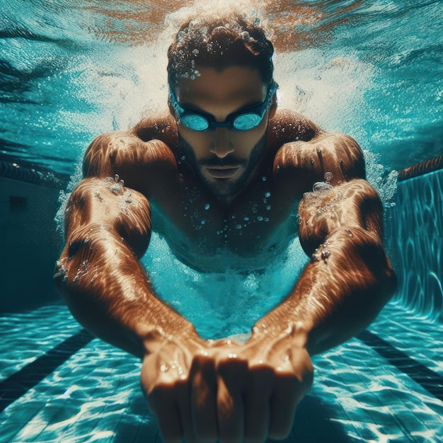 Um homem a nadar numa piscina com um bastão na mão.