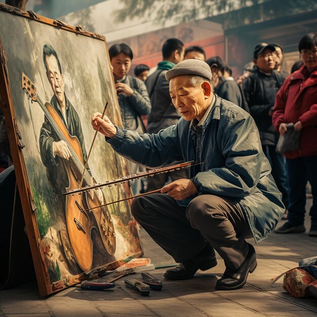 Um homem a pintar um quadro de um homem com uma guitarra.